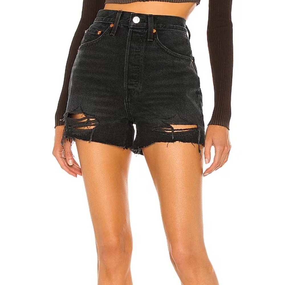 RE/DONE Shorts Size 32 Black 50s High Rise Cut Off Denim Destroyed Shadow Cotton